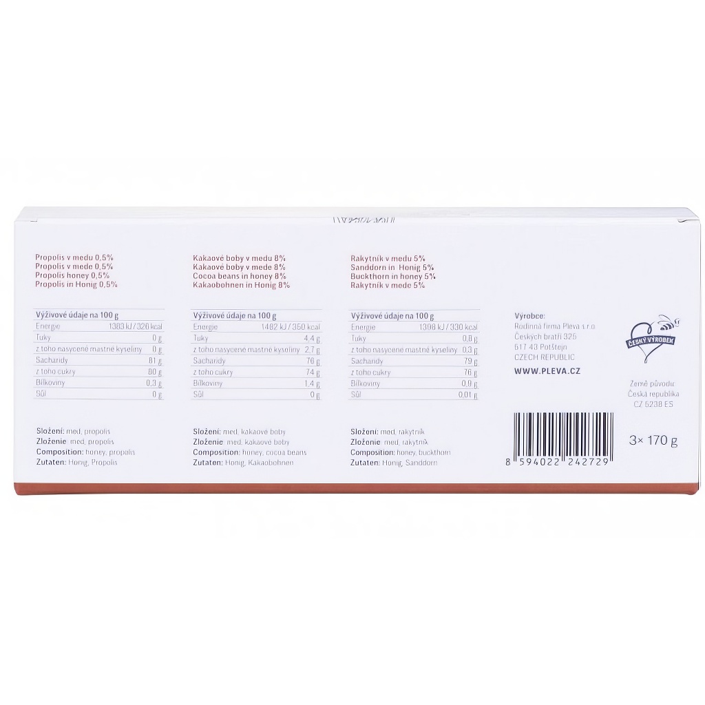 Mieli Pleva - propoli, fave di cacao e olivello spinoso nel miele - 3 x 170 g